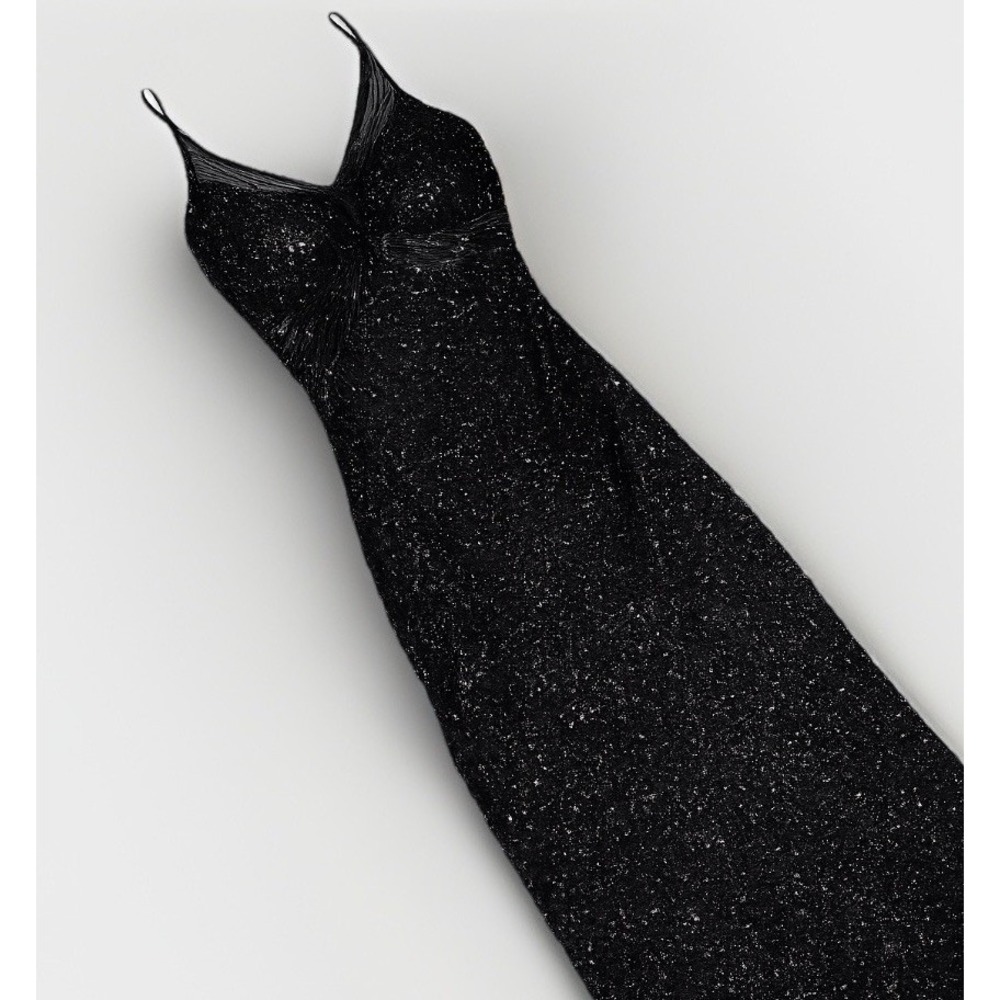 Scala Dress Womens XS Black Beaded Silk V Neck Spaghetti Strap Maxi Formal Gown